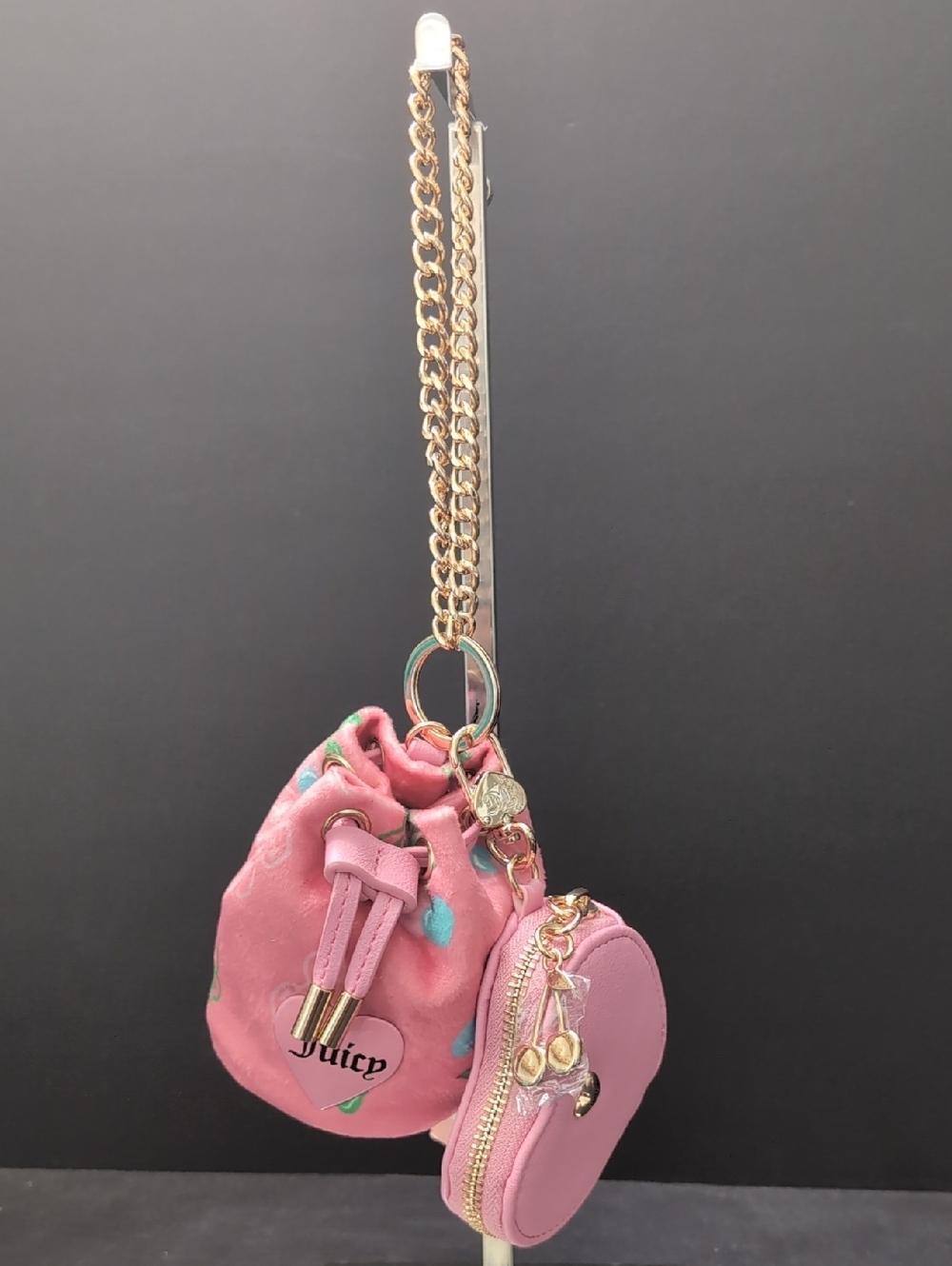 NWT,Juicy Couture Velour Micro Bag And Pouch Set In Pink with Cherry Print.